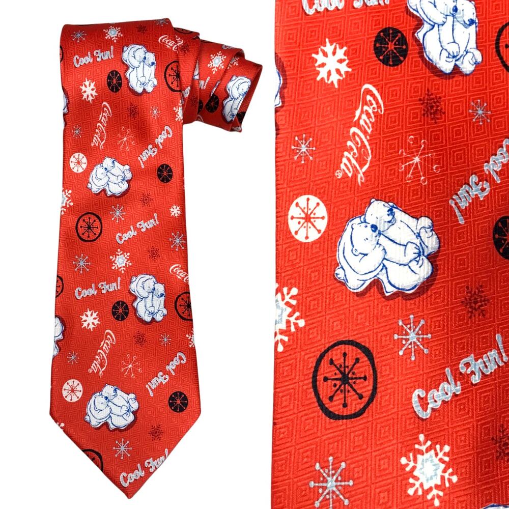 Coca Cola Tie Polar Bear Snowflake Print Polyester Necktie Holiday Fun Red White